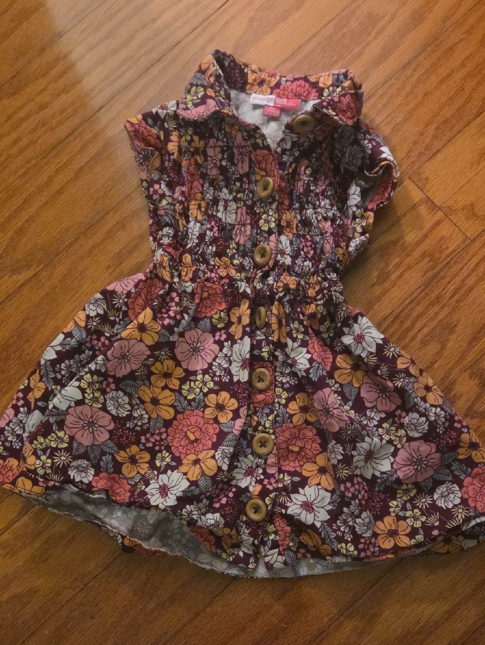 Penelope Mack Burgundy Floral Button-Front Dress with Pink & Mustard Flowers